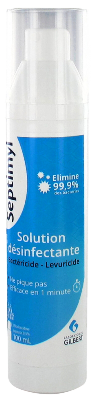 Septimyl Solution Désinfectante Chlorhexidine Aqueuse 0,5% 100 ml  Gilbert Septimyl Solution Désinfectante Chlorhexidine Aqueuse 0,5% 100 ml est une solution qui élimine 99,9% des bactéries pour une action désinfectante de la peau saine. Elle agit en seul