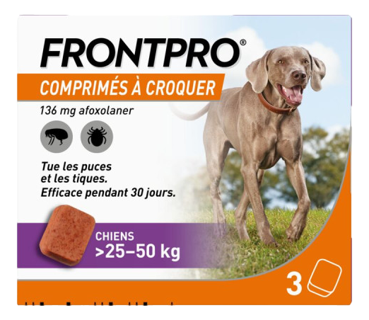 Frontline Frontpro Comprimés Antiparasitaire Frontpro est un antiparasitaire pour chien proposé par la marque Frontline. Il se présente sous la forme d'un comprimé à croquer et est indiqué pour le traitement des infestations par les puces et les tiques.